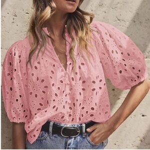 Dusty Pink Eyelet Blouse with‎ Puff Sleeves Size M